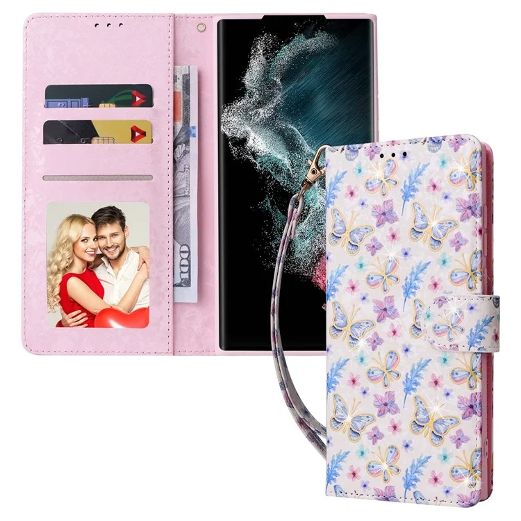 For Samsung Galaxy S23 Ultra Lacquered PU Leather Phone Full Protection Case RFID Blocking Flip Stand Wallet Cover - Butterfly Flower