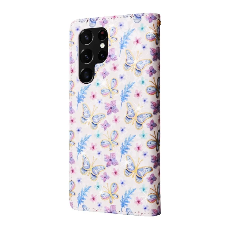 For Samsung Galaxy S23 Ultra Lacquered PU Leather Phone Full Protection Case RFID Blocking Flip Stand Wallet Cover - Butterfly Flower