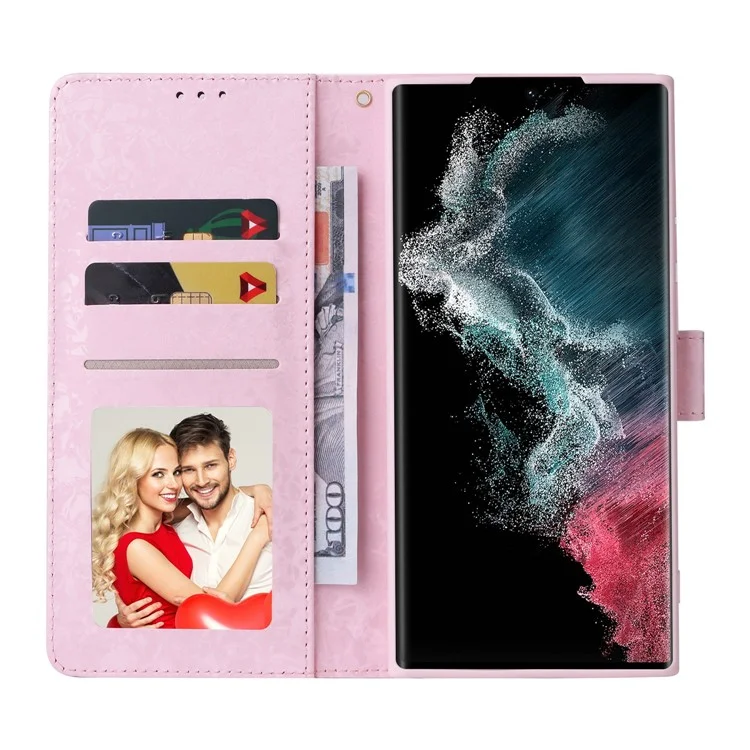 For Samsung Galaxy S23 Ultra Lacquered PU Leather Phone Full Protection Case RFID Blocking Flip Stand Wallet Cover - Butterfly Flower