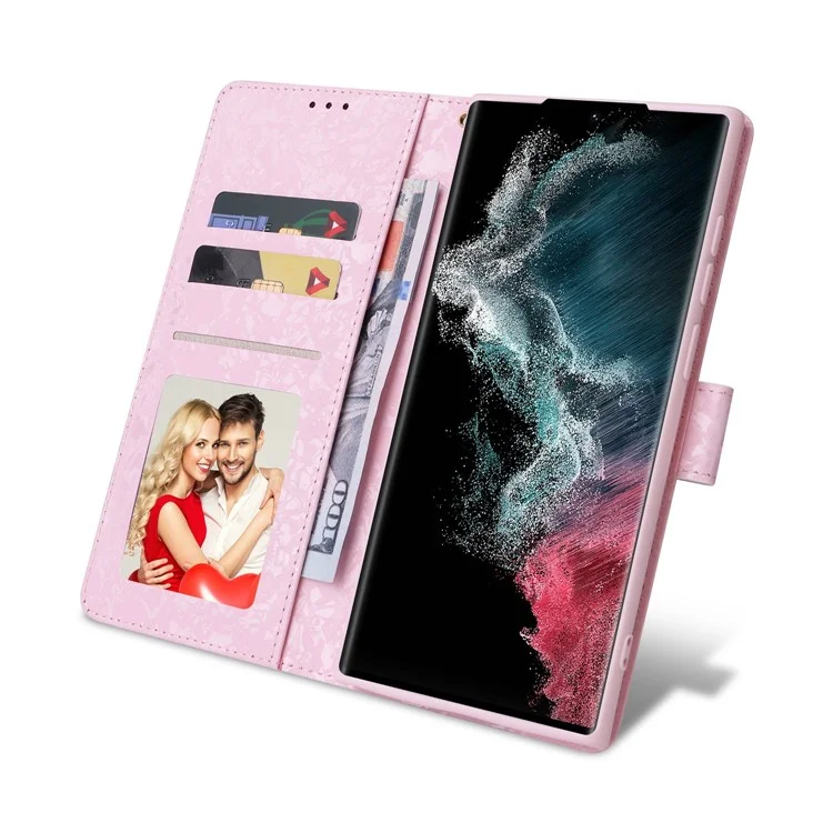 For Samsung Galaxy S23 Ultra Lacquered PU Leather Phone Full Protection Case RFID Blocking Flip Stand Wallet Cover - Butterfly Flower