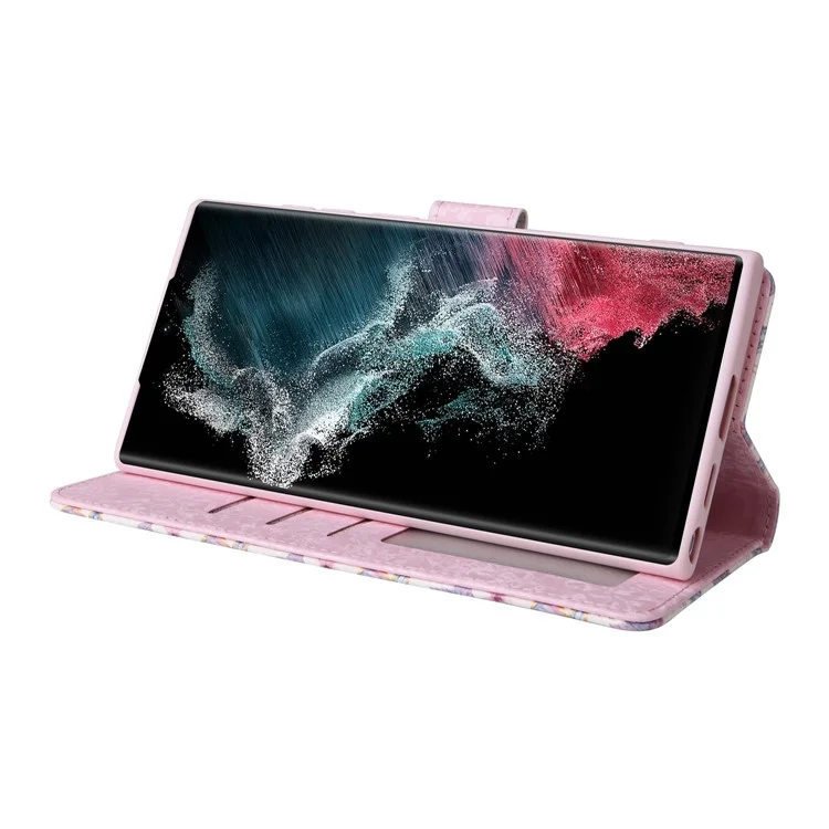 For Samsung Galaxy S23 Ultra Lacquered PU Leather Phone Full Protection Case RFID Blocking Flip Stand Wallet Cover - Butterfly Flower
