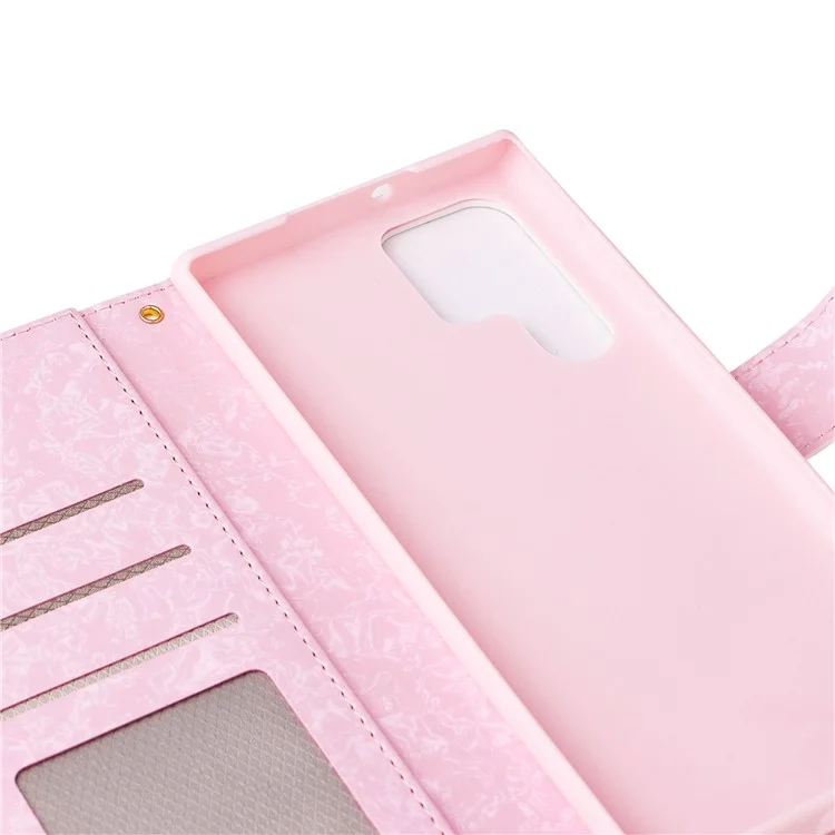 For Samsung Galaxy S23 Ultra Lacquered PU Leather Phone Full Protection Case RFID Blocking Flip Stand Wallet Cover - Butterfly Flower