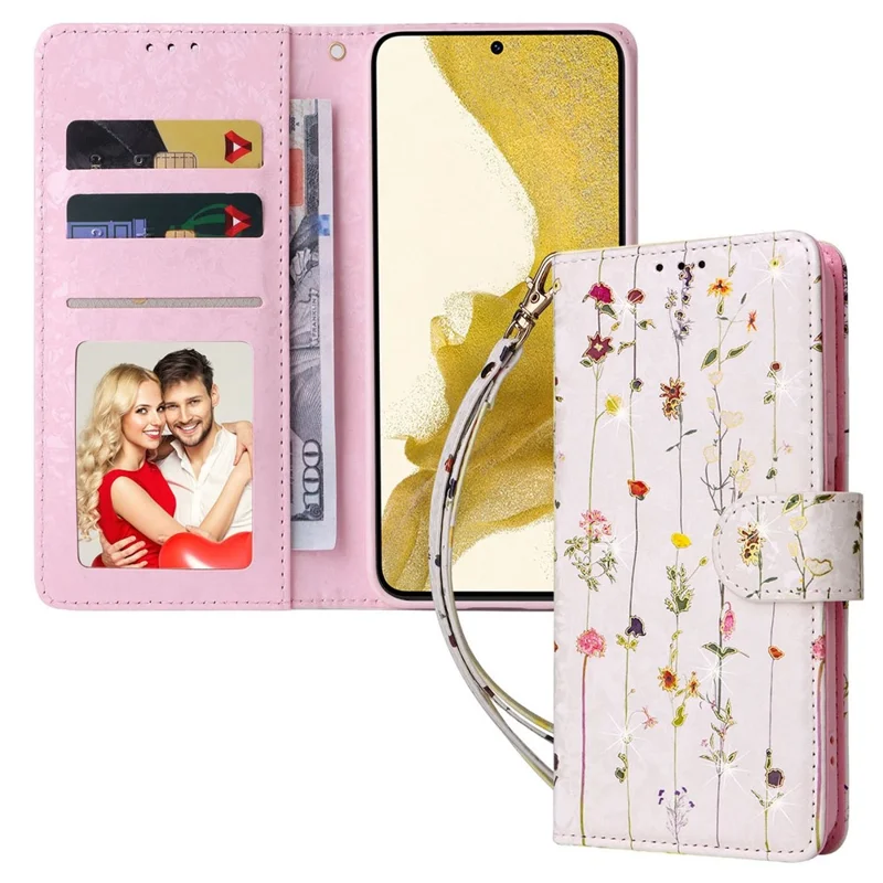 For Samsung Galaxy S23+ Stylish Lacquered PU Leather Phone Protective Case RFID Blocking Wallet Foldable Stand Cover - Small Flower