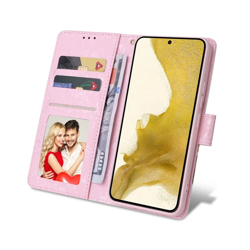 For Samsung Galaxy S23+ Stylish Lacquered PU Leather Phone Protective Case RFID Blocking Wallet Foldable Stand Cover - Small Flower