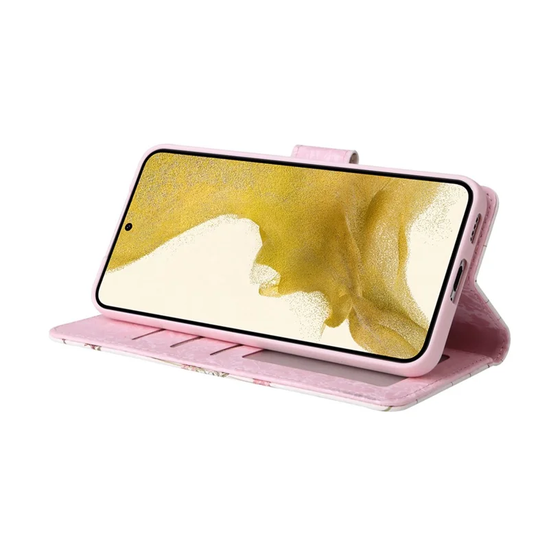 For Samsung Galaxy S23+ Stylish Lacquered PU Leather Phone Protective Case RFID Blocking Wallet Foldable Stand Cover - Small Flower