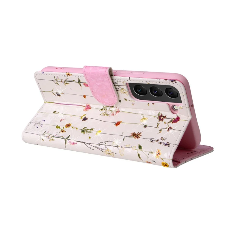 For Samsung Galaxy S23+ Stylish Lacquered PU Leather Phone Protective Case RFID Blocking Wallet Foldable Stand Cover - Small Flower