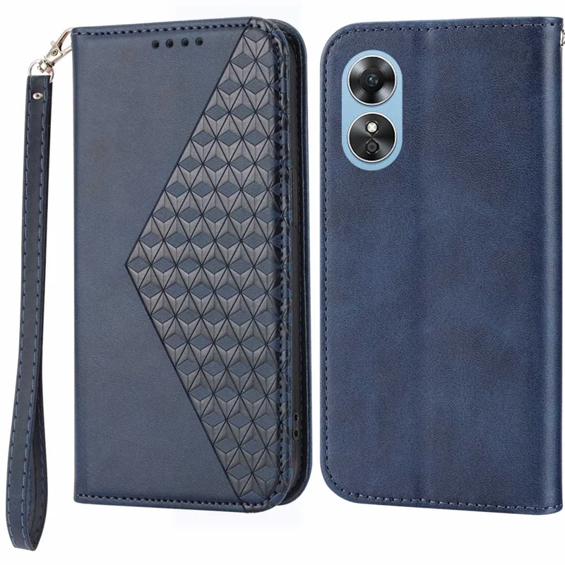Til Oppo A17 4G / A17k 4G Anti-skramme PU-læderetui, tegnebog med magnetisk lukning, indpræget rombe-mønster, telefonstøtte, kalv-tekstur dæksel med rem - Blå