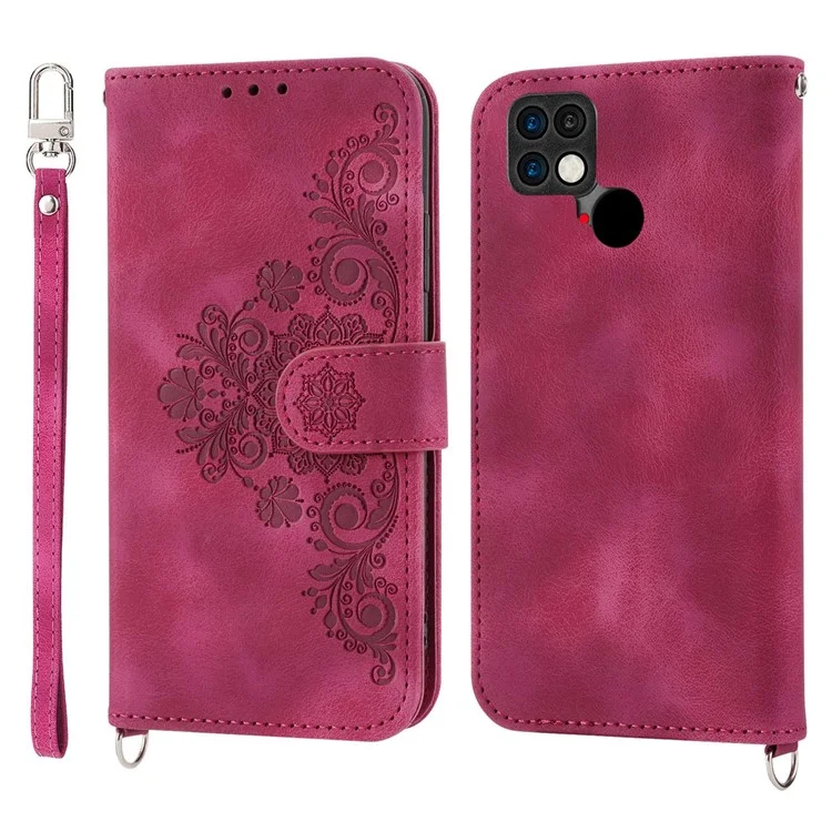 Para Xiaomi Poco C40 4G Flores Impresas Pied Touch Cubierta de Teléfono Múltiples Ranuras Para la Cartera PU Funda de Cuero Con Correa de Muñeca y Correa Para el Hombro - Vino Rojo