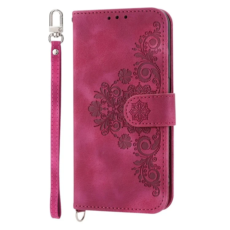 Para Xiaomi Poco C40 4G Flores Impresas Pied Touch Cubierta de Teléfono Múltiples Ranuras Para la Cartera PU Funda de Cuero Con Correa de Muñeca y Correa Para el Hombro - Vino Rojo