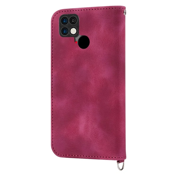 Para Xiaomi Poco C40 4G Flores Impresas Pied Touch Cubierta de Teléfono Múltiples Ranuras Para la Cartera PU Funda de Cuero Con Correa de Muñeca y Correa Para el Hombro - Vino Rojo