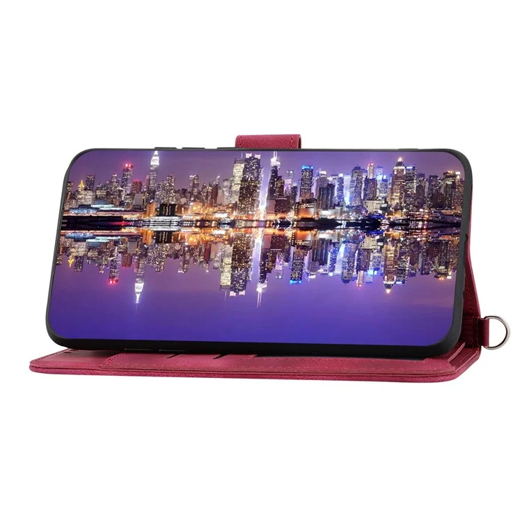 Para Xiaomi Poco C40 4G Flores Impresas Pied Touch Cubierta de Teléfono Múltiples Ranuras Para la Cartera PU Funda de Cuero Con Correa de Muñeca y Correa Para el Hombro - Vino Rojo