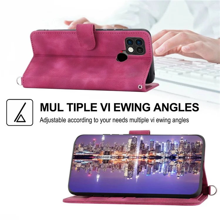 Para Xiaomi Poco C40 4G Flores Impresas Pied Touch Cubierta de Teléfono Múltiples Ranuras Para la Cartera PU Funda de Cuero Con Correa de Muñeca y Correa Para el Hombro - Vino Rojo