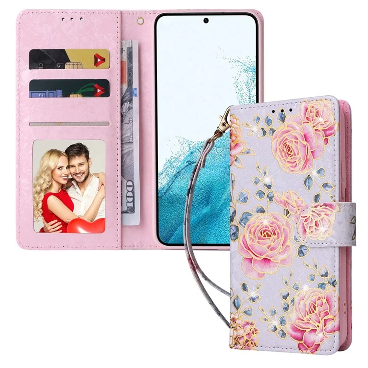 For Samsung Galaxy S23 PU Leather Shockproof Phone Stand Case Stylish Lacquered RFID Blocking Wallet Cover - Rose Flower