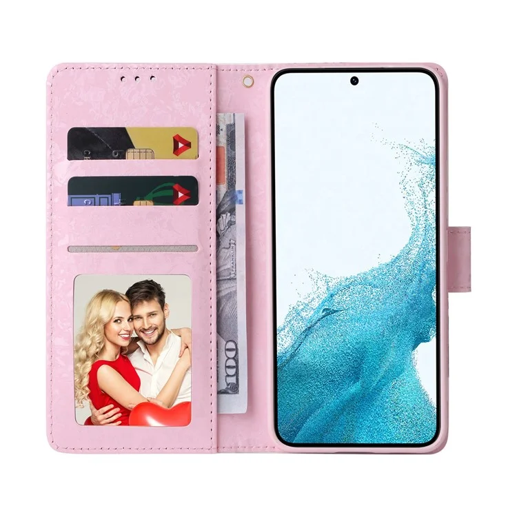 For Samsung Galaxy S23 PU Leather Shockproof Phone Stand Case Stylish Lacquered RFID Blocking Wallet Cover - Rose Flower