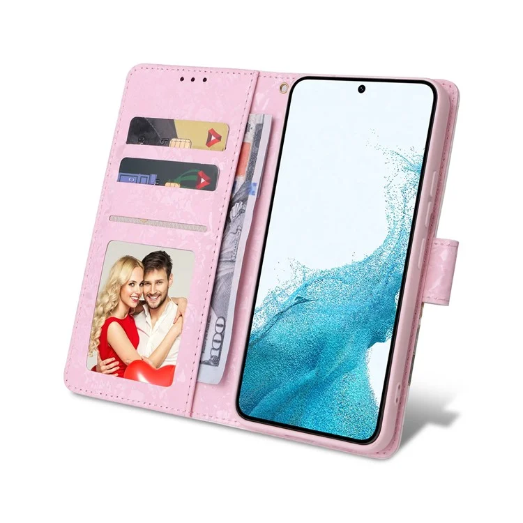 For Samsung Galaxy S23 PU Leather Shockproof Phone Stand Case Stylish Lacquered RFID Blocking Wallet Cover - Rose Flower
