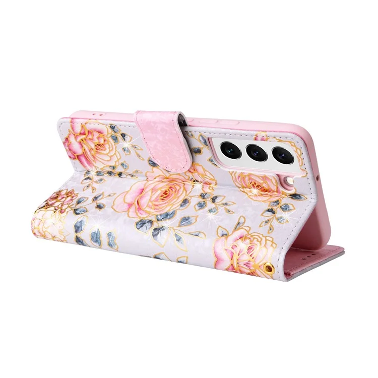 For Samsung Galaxy S23 PU Leather Shockproof Phone Stand Case Stylish Lacquered RFID Blocking Wallet Cover - Rose Flower