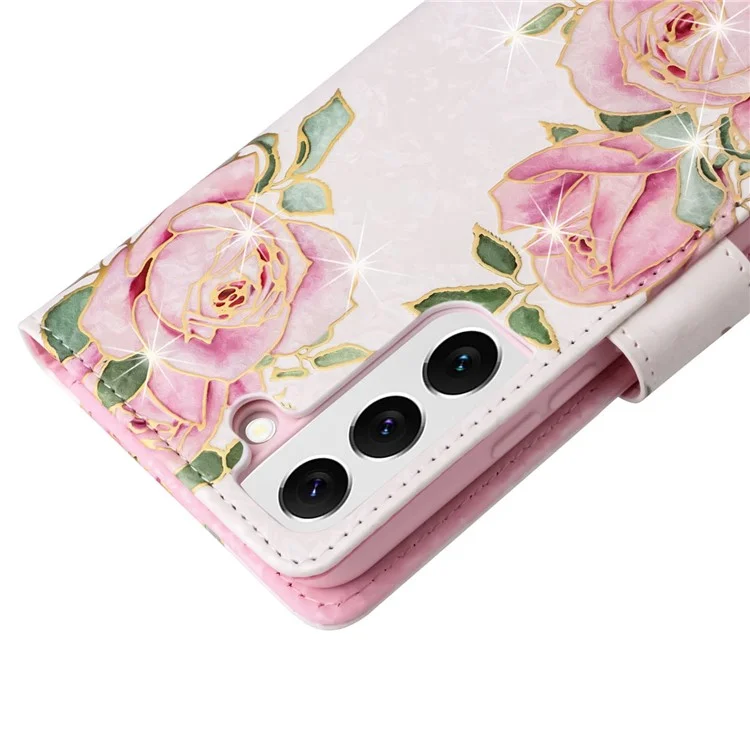 For Samsung Galaxy S23 PU Leather Shockproof Phone Stand Case Stylish Lacquered RFID Blocking Wallet Cover - Rose Flower