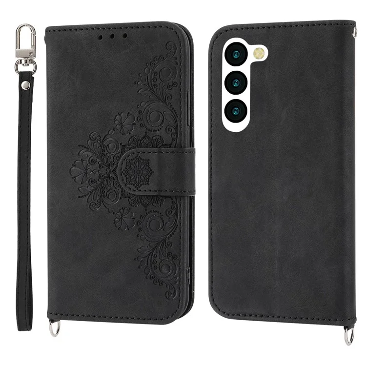 Per Samsung Galaxy S23 Skin-touch PU Leather Imprinted Flowers Phone Wallet Case Multiple Card Slots Stand Cover with Wrist Strap and Shoulder Strap - Nero