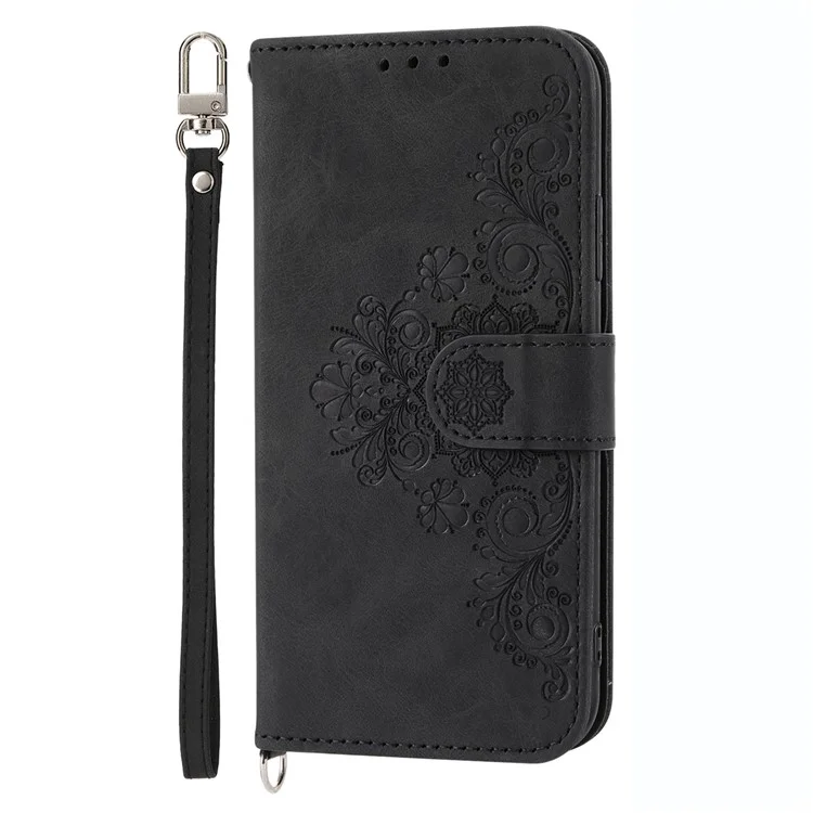 Per Samsung Galaxy S23 Skin-touch PU Leather Imprinted Flowers Phone Wallet Case Multiple Card Slots Stand Cover with Wrist Strap and Shoulder Strap - Nero