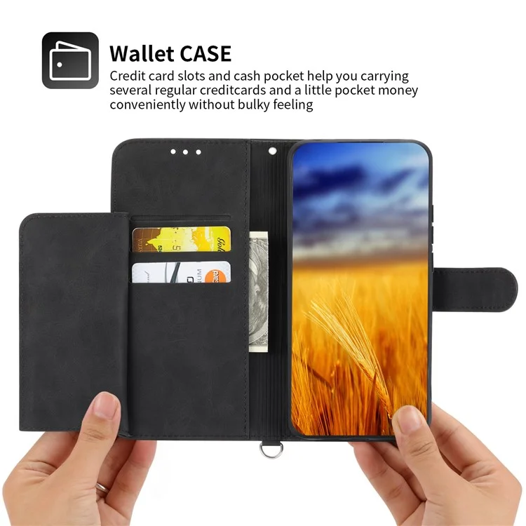 Per Samsung Galaxy S23 Skin-touch PU Leather Imprinted Flowers Phone Wallet Case Multiple Card Slots Stand Cover with Wrist Strap and Shoulder Strap - Nero