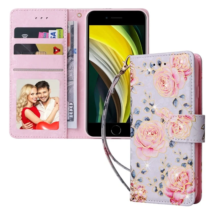 For iPhone 7 / 8 4.7 inch / SE (2020) / SE (2022) Lacquered PU Leather Case RFID Blocking Wallet Stand Magnetic Clasp Cover - Rose Flower