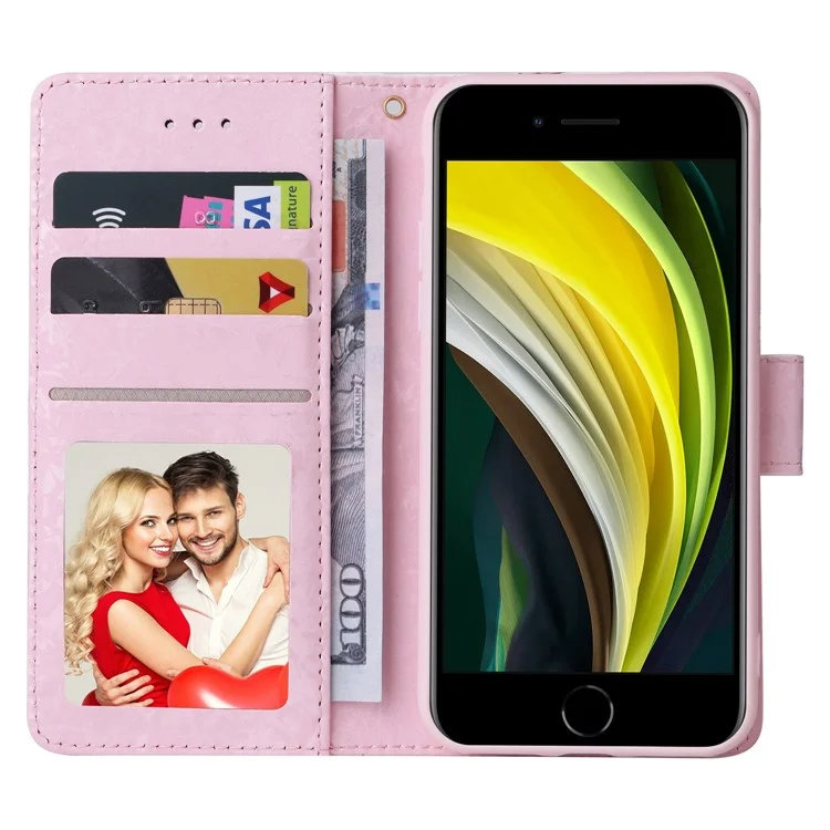 For iPhone 7 / 8 4.7 inch / SE (2020) / SE (2022) Lacquered PU Leather Case RFID Blocking Wallet Stand Magnetic Clasp Cover - Rose Flower