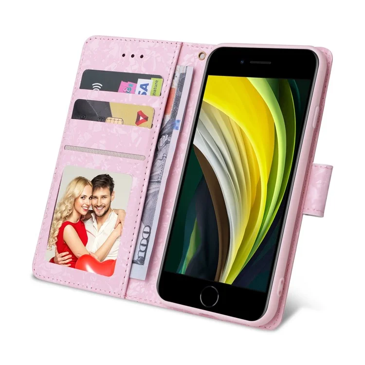 For iPhone 7 / 8 4.7 inch / SE (2020) / SE (2022) Lacquered PU Leather Case RFID Blocking Wallet Stand Magnetic Clasp Cover - Rose Flower
