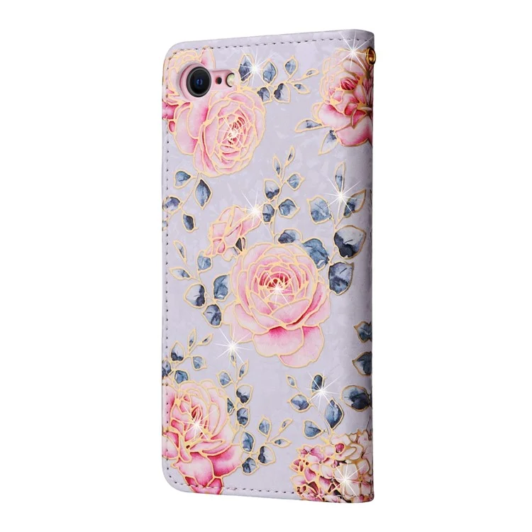 For iPhone 7 / 8 4.7 inch / SE (2020) / SE (2022) Lacquered PU Leather Case RFID Blocking Wallet Stand Magnetic Clasp Cover - Rose Flower