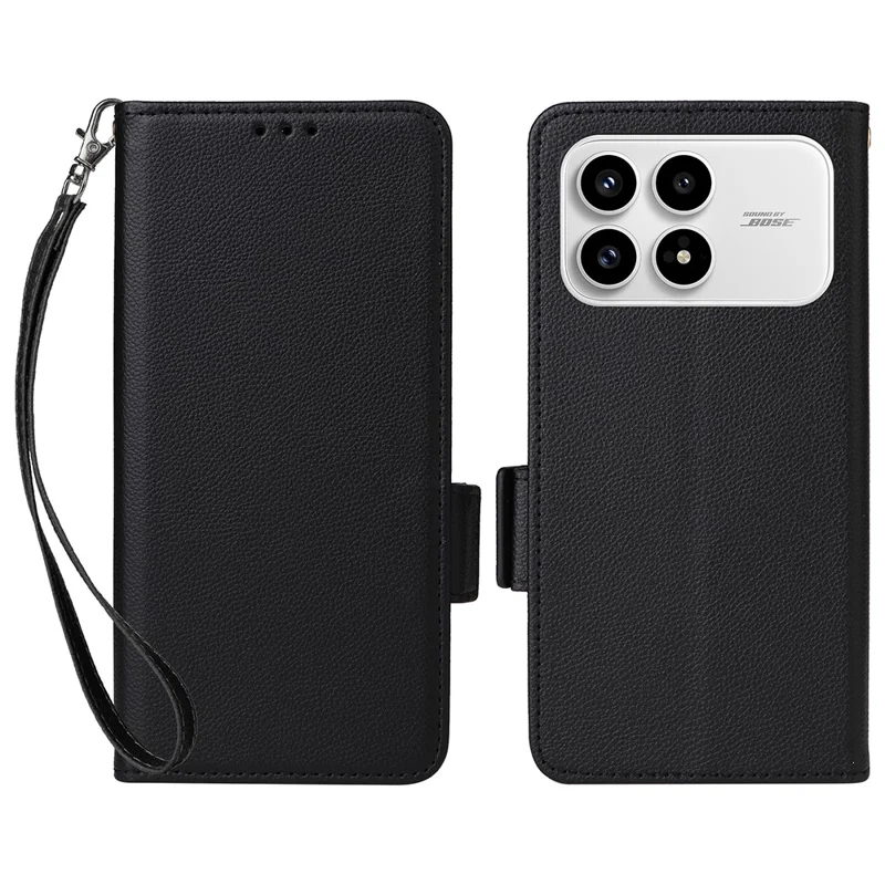 Handyhülle für Xiaomi Poco F8 Pro / Redmi K90 5G, mit Lederbrieftasche, Litchi-Textur und Handschlaufe - Schwarz