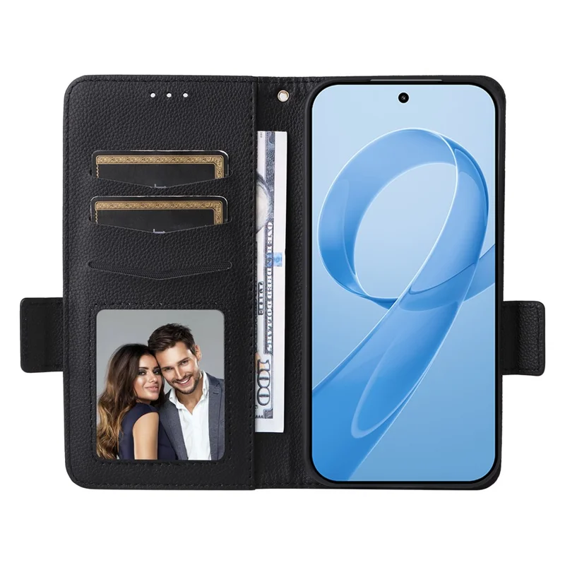 Handyhülle für Xiaomi Poco F8 Pro / Redmi K90 5G, mit Lederbrieftasche, Litchi-Textur und Handschlaufe - Schwarz