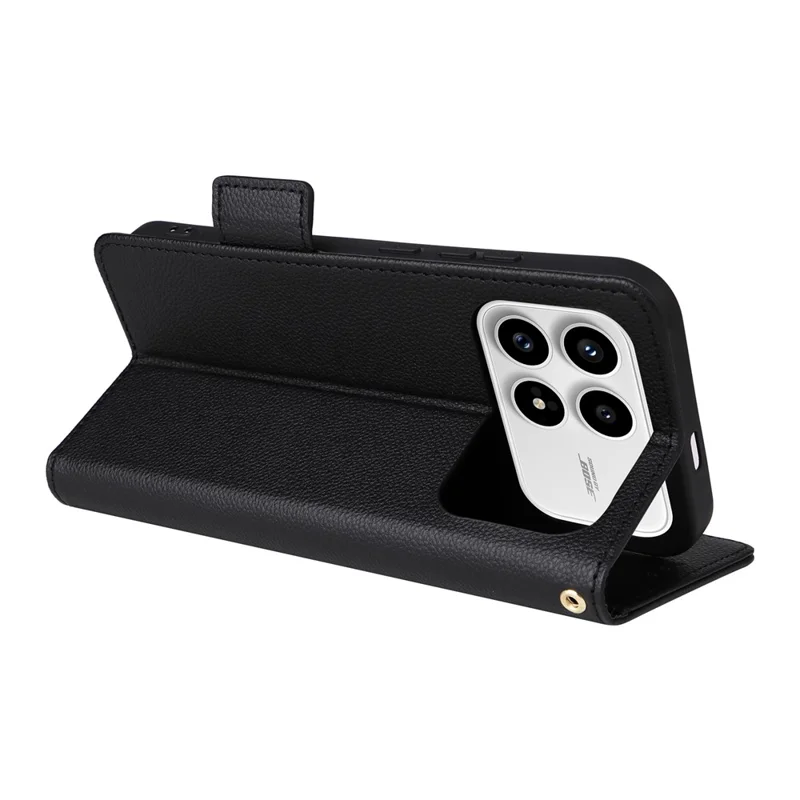 Handyhülle für Xiaomi Poco F8 Pro / Redmi K90 5G, mit Lederbrieftasche, Litchi-Textur und Handschlaufe - Schwarz