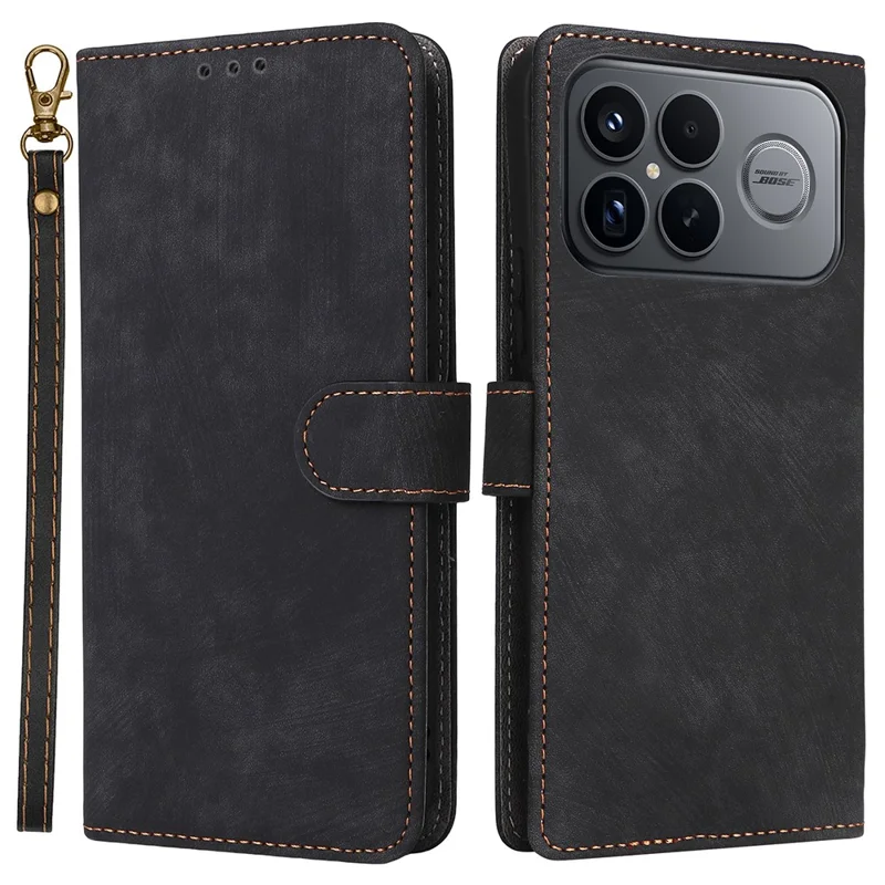 Fodral för Xiaomi Poco F8 Ultra / Redmi K90 Pro Max 5G, plånbok med RFID-skydd, polyuretanläder, telefonhölse med ställfot och rem – Svart