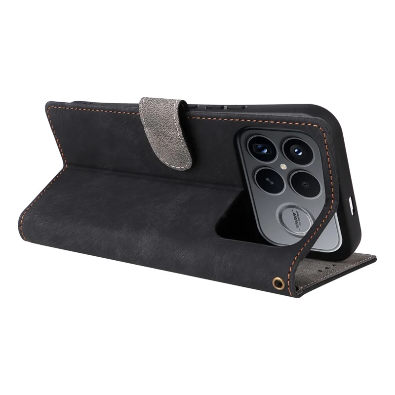 Fodral för Xiaomi Poco F8 Ultra / Redmi K90 Pro Max 5G, plånbok med RFID-skydd, polyuretanläder, telefonhölse med ställfot och rem – Svart