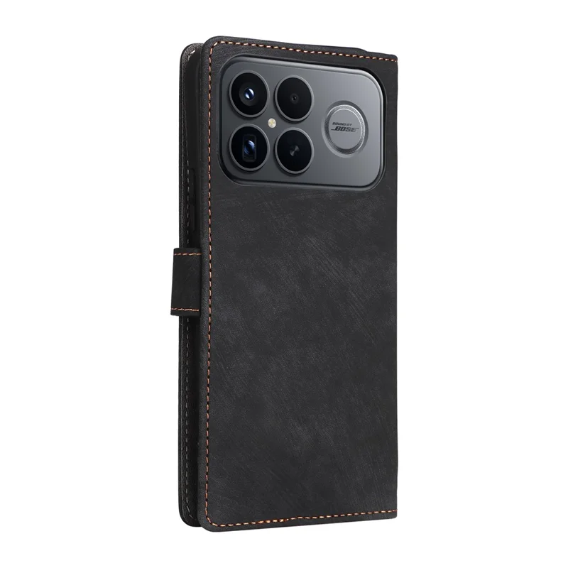 Fodral för Xiaomi Poco F8 Ultra / Redmi K90 Pro Max 5G, plånbok med RFID-skydd, polyuretanläder, telefonhölse med ställfot och rem – Svart