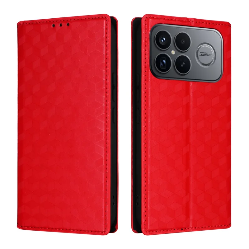 Funda cartera para Xiaomi Poco F8 Ultra / Redmi K90 Pro Max 5G, funda tipo libro con diseño en relieve de rombos, hecha de cuero PU, color rojo