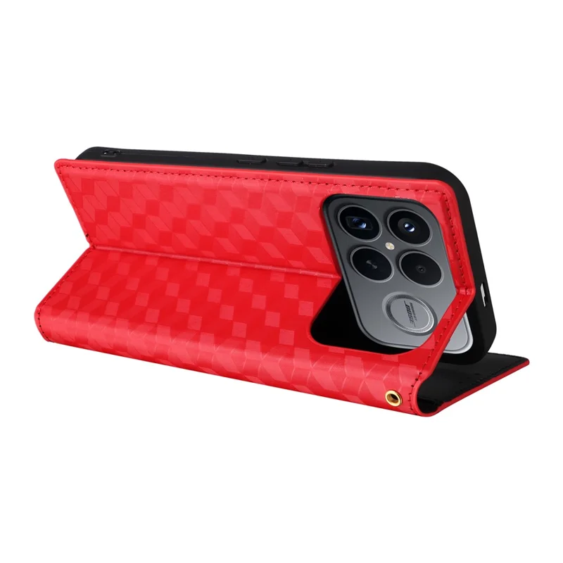 Funda cartera para Xiaomi Poco F8 Ultra / Redmi K90 Pro Max 5G, funda tipo libro con diseño en relieve de rombos, hecha de cuero PU, color rojo