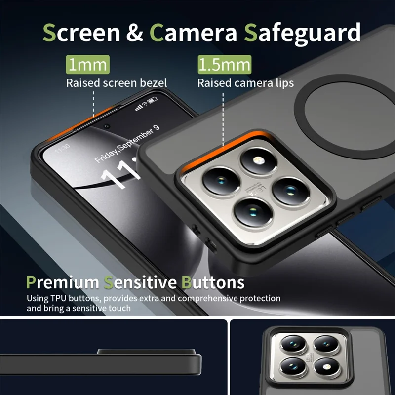 Coque magnétique pour Xiaomi 14T Pro, cadre en TPU, dos en acrylique, finition tactile douce au toucher - Noir