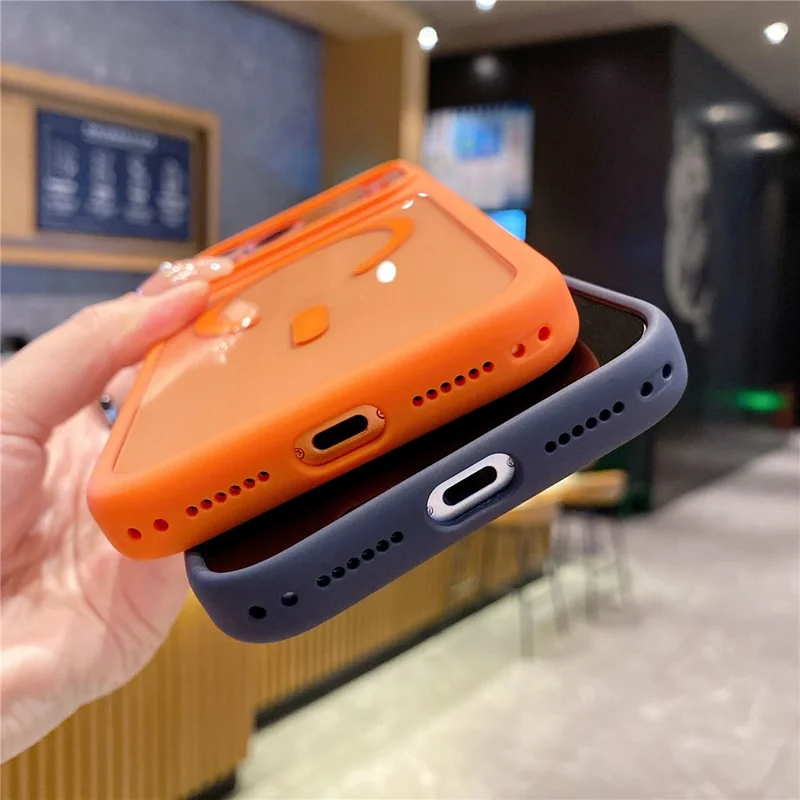 Coque pour iPhone 17 Pro compatible MagSafe avec découpes précises, housse transparente en PC 2,5 mm et TPU avec bouton IA - Orange