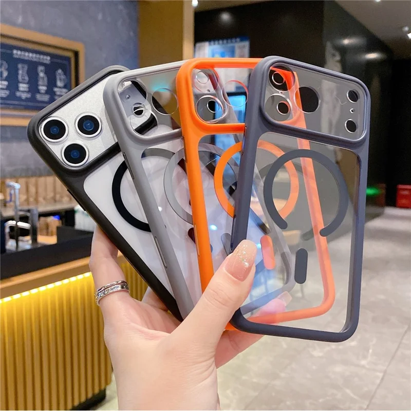 Coque pour iPhone 17 Pro compatible MagSafe avec découpes précises, housse transparente en PC 2,5 mm et TPU avec bouton IA - Orange