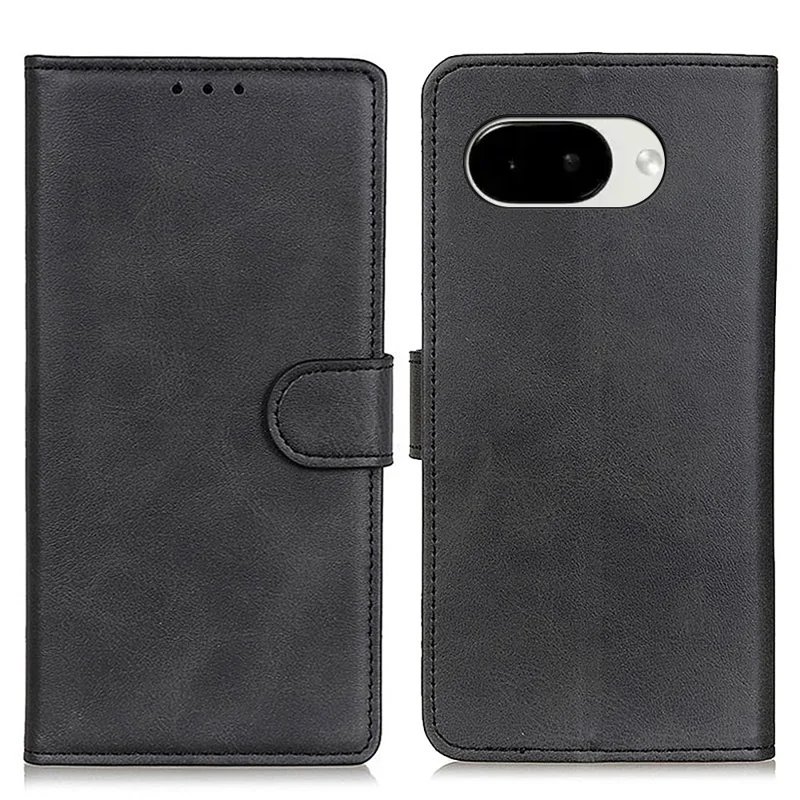 For Google Pixel 10a Case Cowhide Texture Leather Wallet Stand Phone Cover - Black
