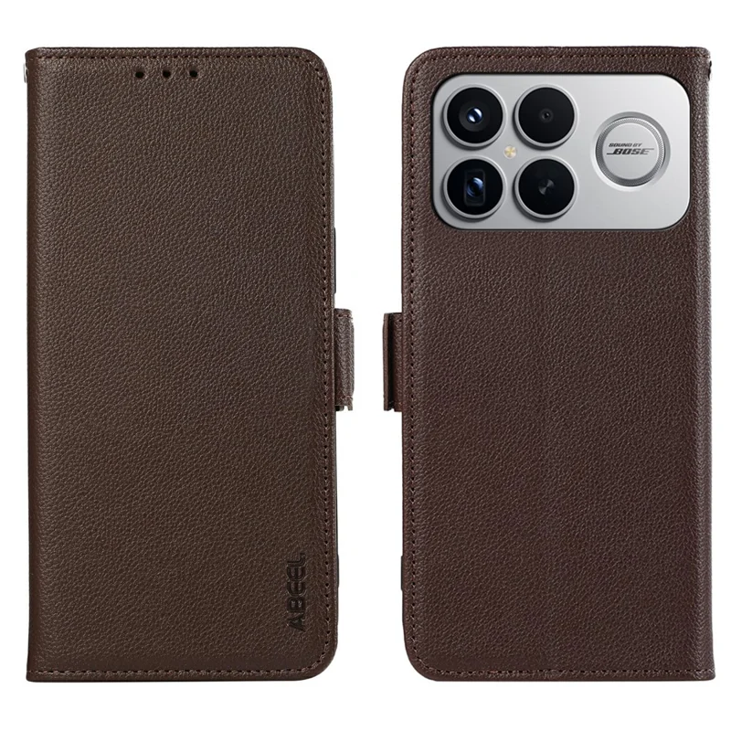 ABEEL voor Xiaomi Redmi K90 Pro Max 5G / Poco F8 Ultra hoesje Litchi-structuur lederen hoes met RFID-blokkering - Bruin