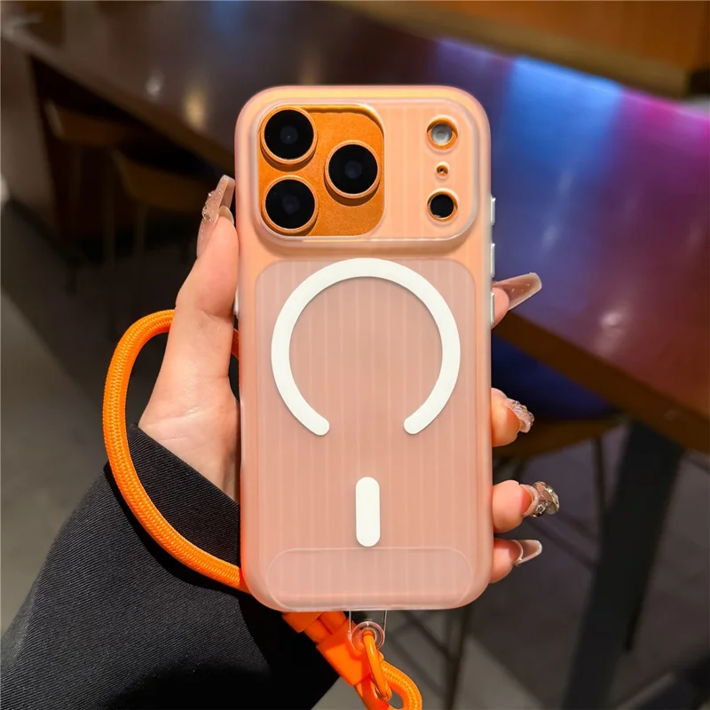 For iPhone 17 Pro Case Compatible with MagSafe Corrugated Texture TPU PC Phone Cover with Adjustable Wrist Strap - Orange