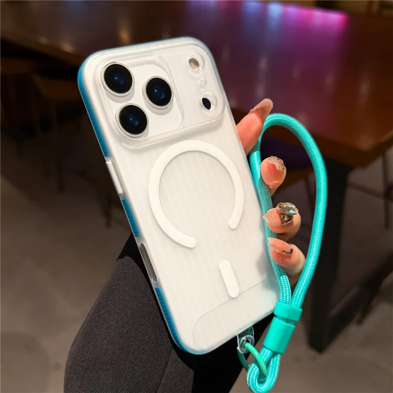 For iPhone 17 Pro Case Compatible with MagSafe Corrugated Texture TPU PC Phone Cover with Adjustable Wrist Strap - Blue