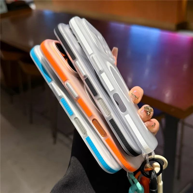 For iPhone 17 Pro Case Compatible with MagSafe Corrugated Texture TPU PC Phone Cover with Adjustable Wrist Strap - Blue