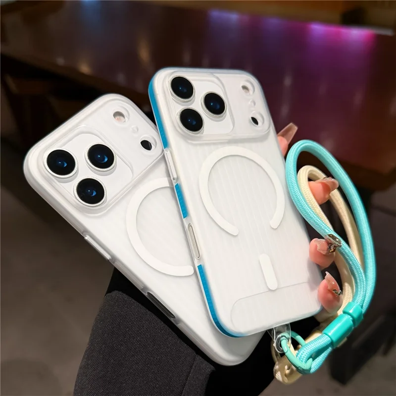 For iPhone 17 Pro Case Compatible with MagSafe Corrugated Texture TPU PC Phone Cover with Adjustable Wrist Strap - Blue