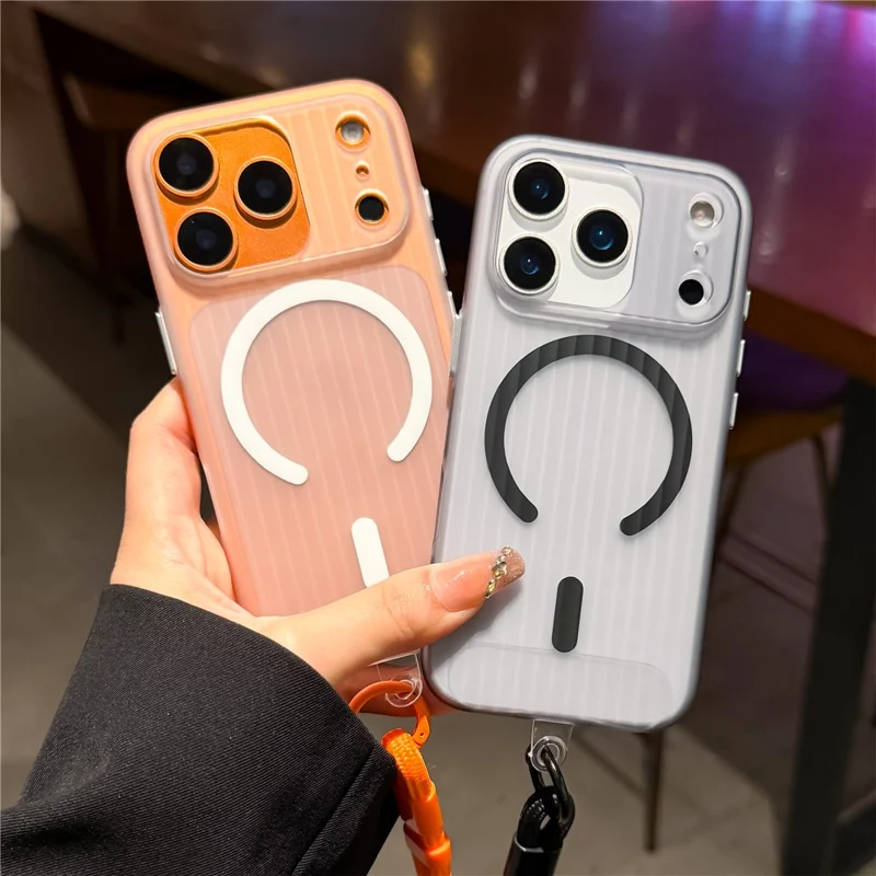 For iPhone 17 Pro Case Compatible with MagSafe Corrugated Texture TPU PC Phone Cover with Adjustable Wrist Strap - Blue