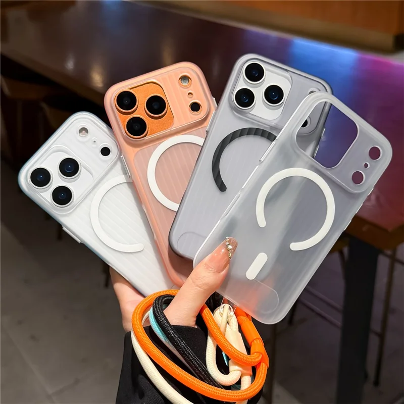 For iPhone 17 Pro Case Compatible with MagSafe Corrugated Texture TPU PC Phone Cover with Adjustable Wrist Strap - Blue