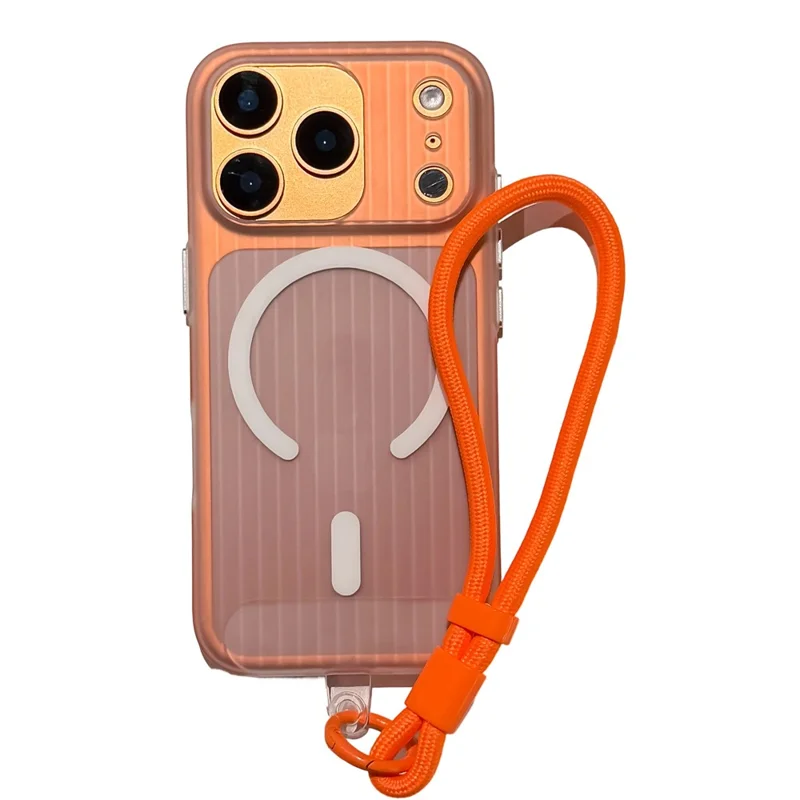 For iPhone 17 Pro Max Case Compatible with MagSafe Corrugated Texture TPU PC Phone Cover with Adjustable Wrist Strap - Orange