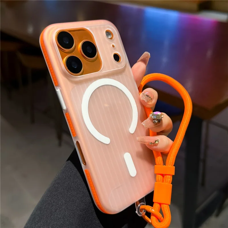 For iPhone 17 Pro Max Case Compatible with MagSafe Corrugated Texture TPU PC Phone Cover with Adjustable Wrist Strap - Orange