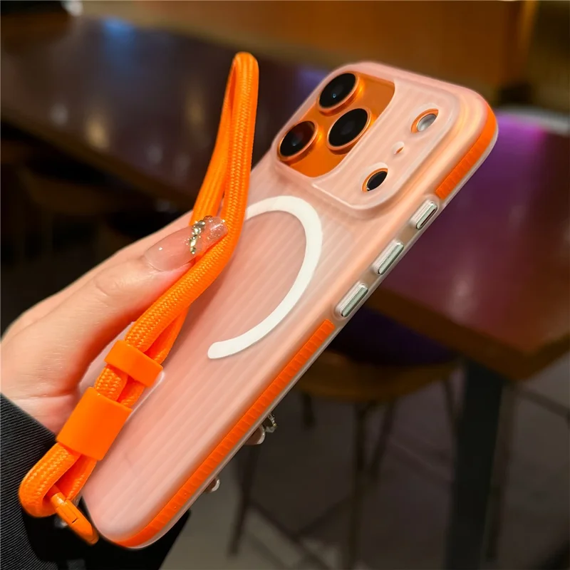 For iPhone 17 Pro Max Case Compatible with MagSafe Corrugated Texture TPU PC Phone Cover with Adjustable Wrist Strap - Orange